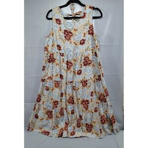 New Directions Floral Tiered Midi Dress LG Bow Detail Full Flowy Blue Brown